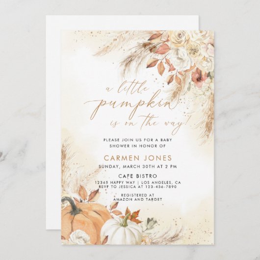 Invitation Un Baby shower D'Automne Un Peu Citrouille Neutre (Devant / Derrière)