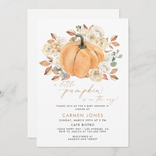Invitation Un Baby shower D'Automne Un Peu Citrouille Neutre (Devant / Derrière)