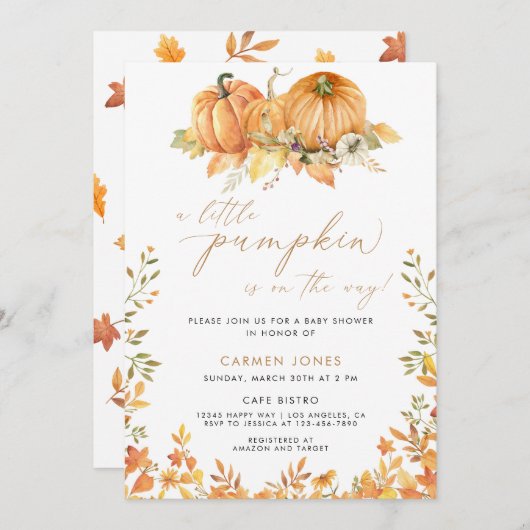 Invitation Un Baby shower D'Automne Un Peu Citrouille Neutre  (Devant / Derrière)