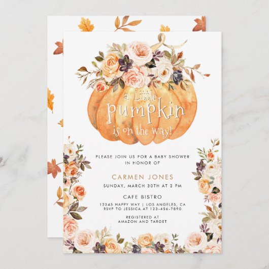 Invitation Un Baby shower D'Automne Un Peu Citrouille Neutre (Devant / Derrière)