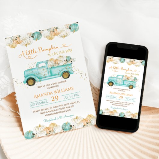 Invitation Un Baby shower De Camion Un Peu Citrouille Vert