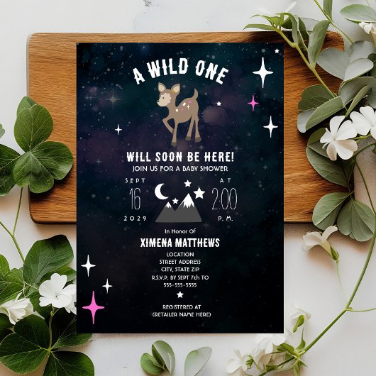 Invitation Un Baby shower de fille rose sauvage de cerf cosmi