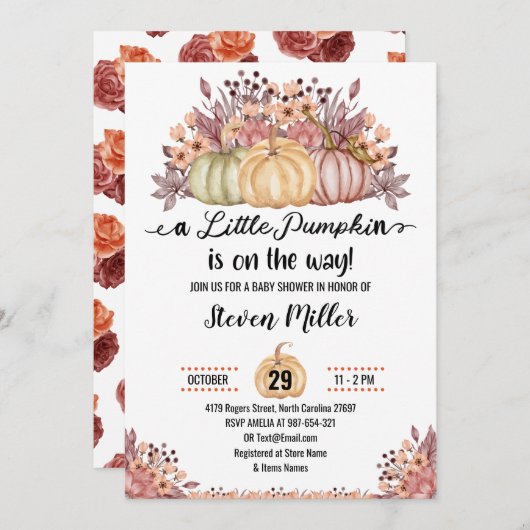 Invitation Un Baby shower de fleurs d'automne un peu Citrouil (Devant / Derrière)