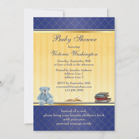 Invitation Un Baby shower de livres à l'élégante Teddy Bleue (Dos)