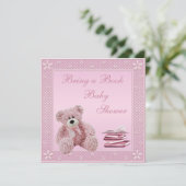 Invitation Un Baby shower de livres en Teddy rose pâle (Debout devant)