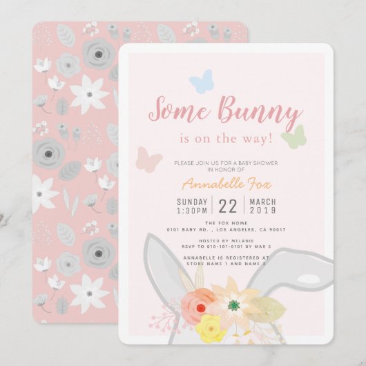 Invitation Un Baby shower de Papillon Floral Gris Rose Bunny (Devant / Derrière)