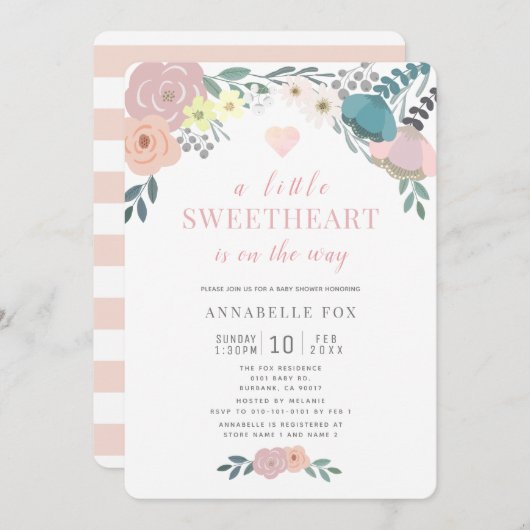 Invitation Un Baby shower de Saint-Valentin fleuri un peu amo (Devant / Derrière)