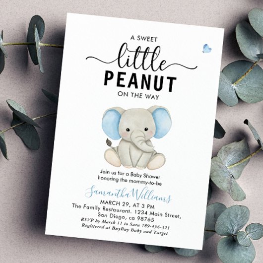 Invitation Un Baby shower d'éléphant bleu doux à l'arachide