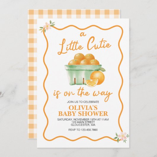 Invitation Un Baby shower en plaid orange Little Cutie (Devant / Derrière)