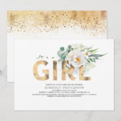 Invitation Un Baby shower Floral de Typographie Or (Devant / Derrière)