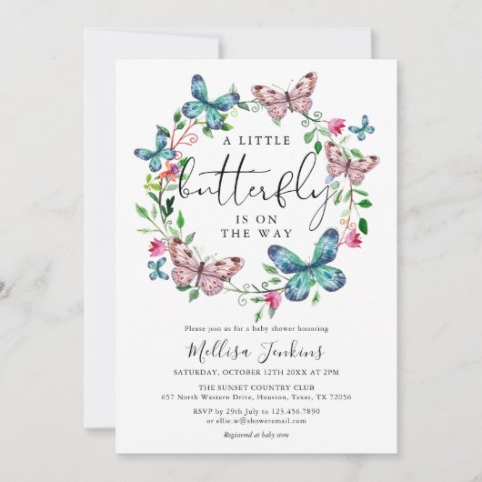 Invitation Un Baby shower Floral Petit Papillon (Devant)