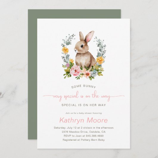 Invitation Un baby shower Floral Spécial Bunny (Devant / Derrière)