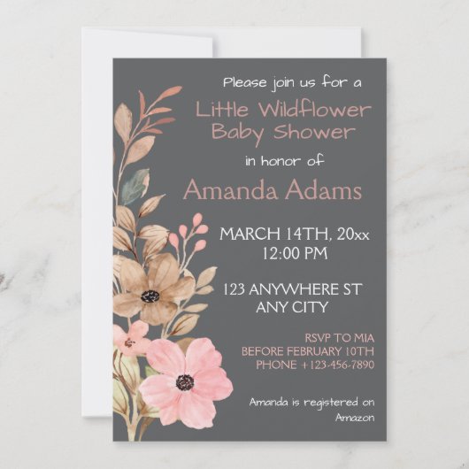 Invitation Un Baby shower Rose Petite Fille Fleur sauvage (Devant)