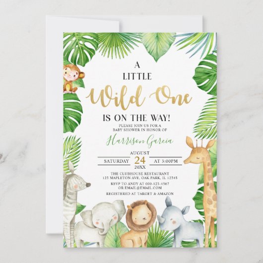 Invitation Un Baby shower sauvage d'animaux de la Jungle (Devant)
