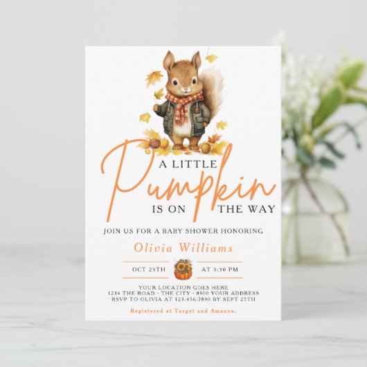 Invitation Un Baby shower SQUIRREL Automne Un Peu Citrouille (Debout devant)