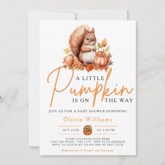 Invitation Un Baby shower SQUIRREL Automne Un Peu Citrouille (Devant)