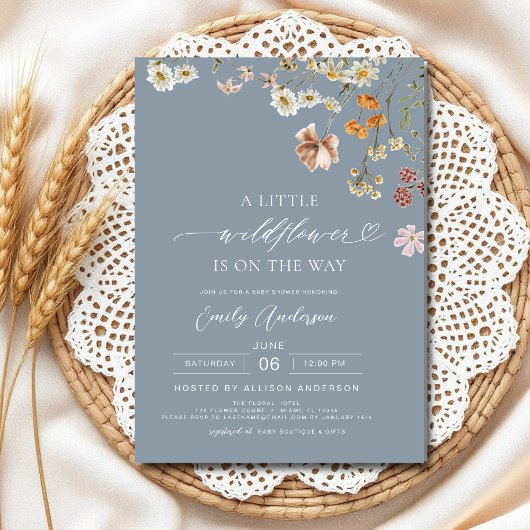 Invitation Un Baby shower Un Peu Fleur sauvage Boho Dusty Blu