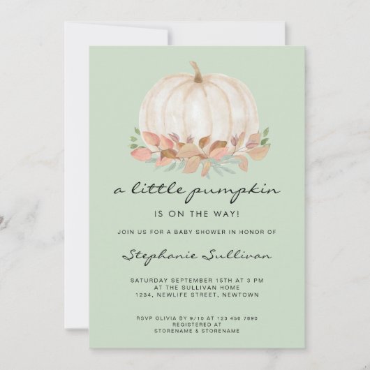 Invitation Un Baby shower Vert Automne Un Peu Citrouille (Devant)
