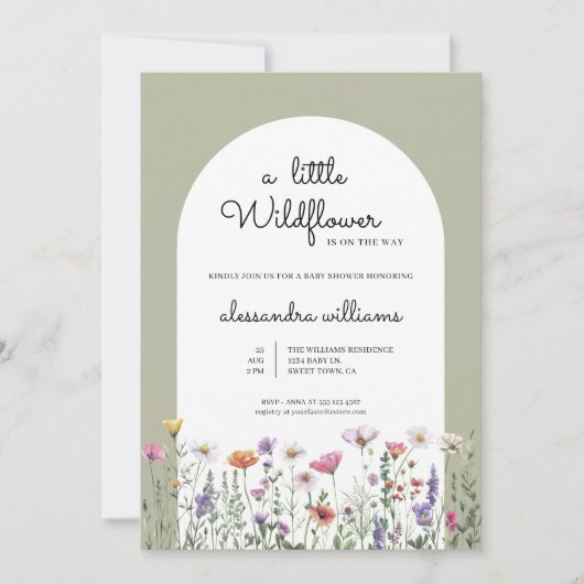 Invitation Un Baby shower Vert Sage Un Peu Fleur sauvage (Devant)