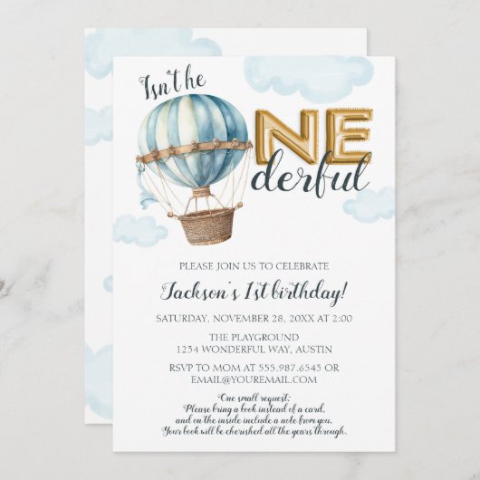 Invitation Un ballon à air chaud pour le premier anniversaire (Devant / Derrière)