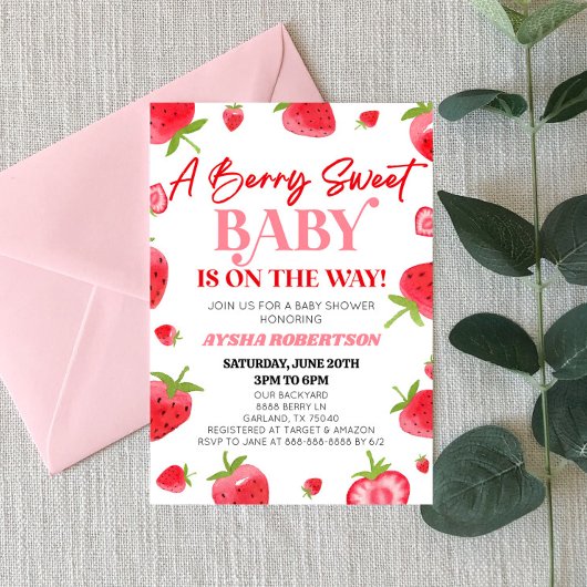 Invitation Un Bébé Berry Sweet Baby shower rouge fraise rose