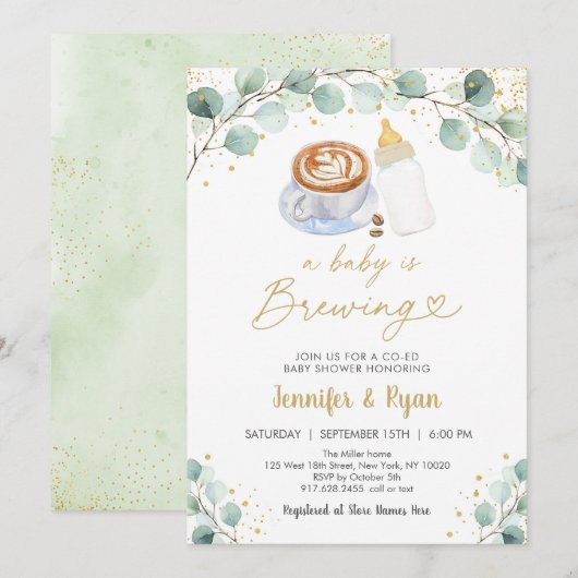 Invitation Un Bébé brasse du Baby shower de café vert (Devant / Derrière)