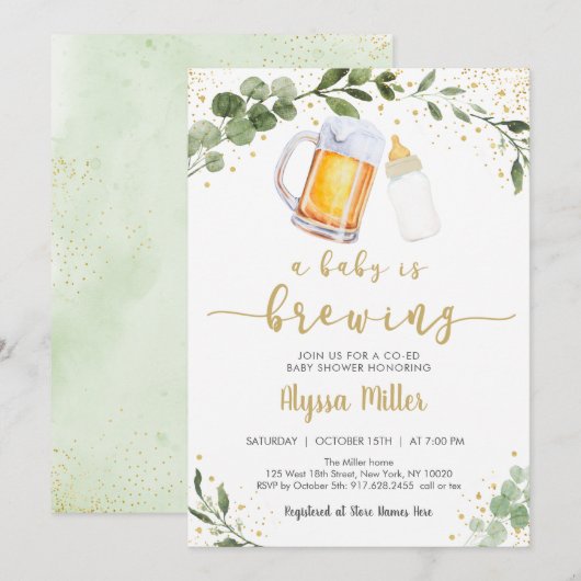 Invitation Un Bébé brasse du Baby shower d'or de verdure (Devant / Derrière)
