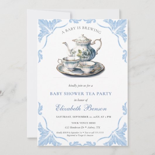 Invitation Un bébé brasse du thé à Baby shower bleu fleur (Devant)