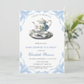Invitation Un bébé brasse du thé à Baby shower bleu fleur (Debout devant)