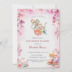 Invitation Un bébé brasse du thé au Baby shower à fleurs rous