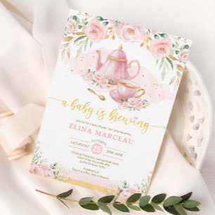 Invitation Un bébé brasse du thé au Baby shower à fleurs rous