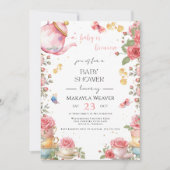 Invitation Un bébé brasse du thé au Baby shower à fleurs rous (Devant)