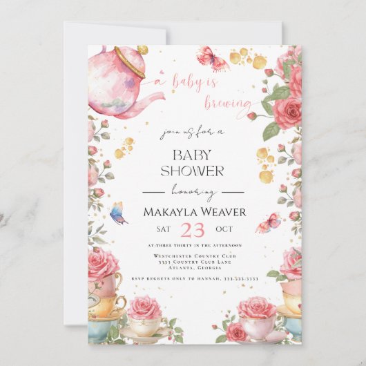 Invitation Un bébé brasse du thé au Baby shower à fleurs rous (Devant)