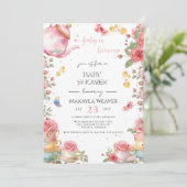 Invitation Un bébé brasse du thé au Baby shower à fleurs rous (Debout devant)