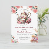 Invitation Un bébé brasse du thé au Baby shower à fleurs rous (Debout devant)