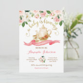 Invitation Un bébé brasse du thé Baby shower rose roses (Debout devant)