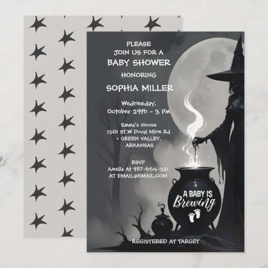 Invitation Un bébé brasse un Baby shower de sorcière d'Hallow (Devant / Derrière)