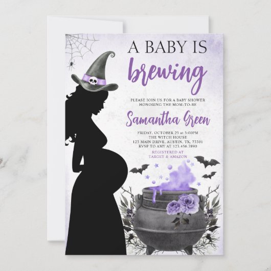 Invitation Un bébé brasse un Baby shower d'Halloween violet (Devant)