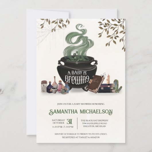 Invitation Un bébé brasse une douche Cauldron Halloween (Devant)