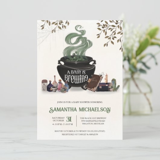 Invitation Un bébé brasse une douche Cauldron Halloween (Debout devant)