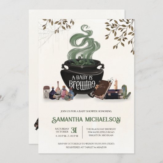 Invitation Un bébé brasse une douche Cauldron Halloween (Devant / Derrière)