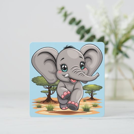 Invitation Un bébé éléphant qui sonne heureux dans la savane (Debout devant)