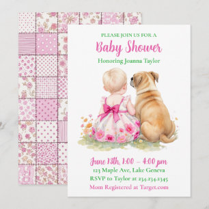 Invitation Un bébé et son chien Baby Shower Rose pour Fille
