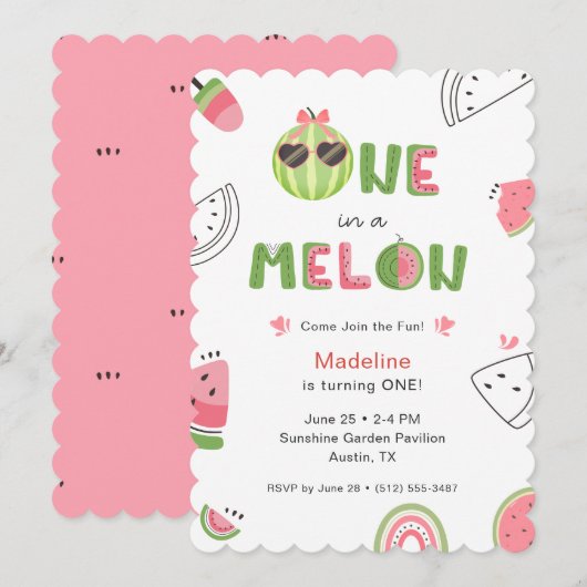 Invitation Un bébé fille pour un melon pastèque Premier anniv (Devant / Derrière)