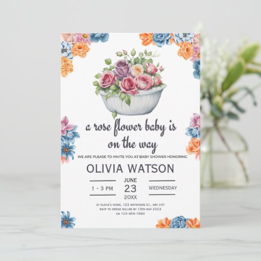 Invitation Un Bébé Fleur Rose Est En Route Baby shower (Debout devant)
