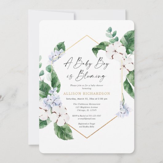 Invitation Un bébé garçon est en fleurs bleu blanc printemps (Devant)