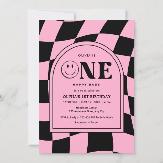 Invitation Un Bébé heureux Happy Visage rose Fille 1er annive (Devant)