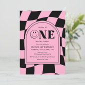 Invitation Un Bébé heureux Happy Visage rose Fille 1er annive (Debout devant)