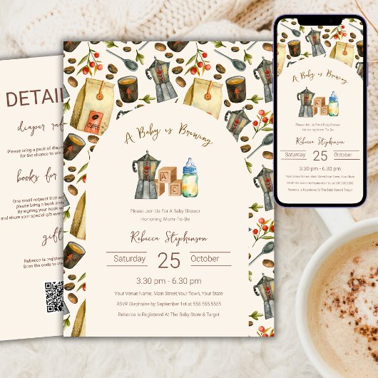 Invitation Un bébé prépare du café Baby Shower Code QR