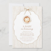 Invitation Un bébé prépare du café Baby Shower Rayure marron (Devant)